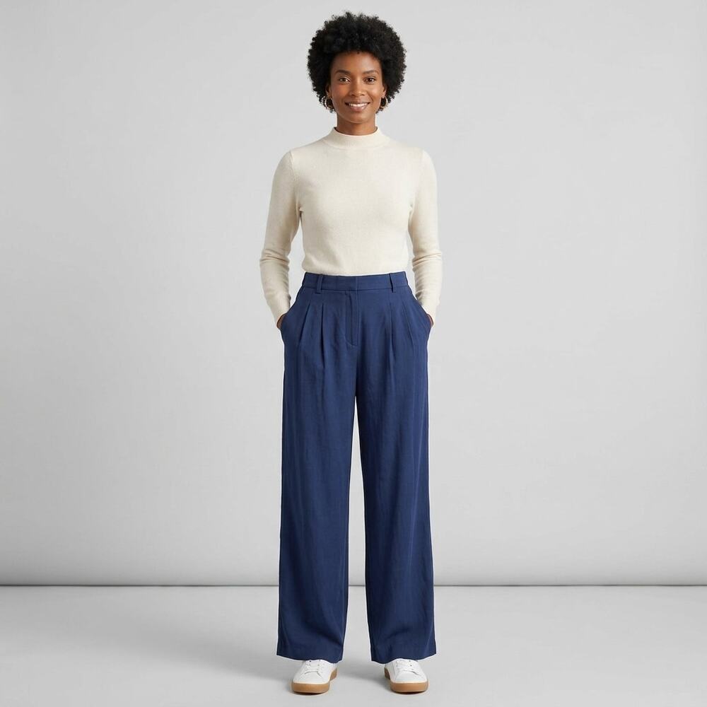Halara Wide Leg Pants XL Tall Navy Blue Pleated Minimalist Office Fluid Trousers